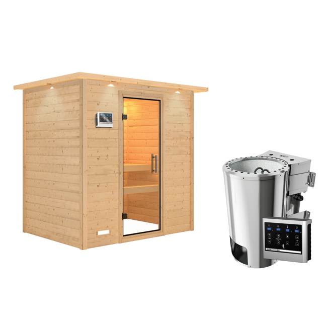 Bild von Massivholzsauna 'Ronja' natur 3,6 kW Plug & Play Bio-Ofen, Steuergerät Easy, Kranz 224 x 160 x 202 cm
