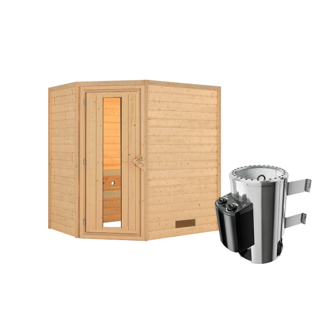 Bild von Massivholzsauna 'Cilja' natur 3,6 kW Ofen, Energiespartür 196 x 146 x 198 cm