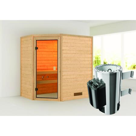 2. Bild von Massivholzsauna 'Cilja' natur 3,6 kW Ofen, bronzierte Glastür 196 x 146 x 198 cm