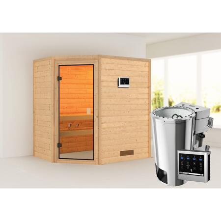 3. Bild von Massivholzsauna 'Cilja' natur 3,6 kW Bio-Ofen, Steuerung Easy, bronzierte Glastür 196 x 146 x 198 cm