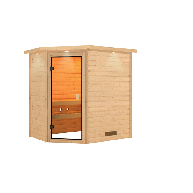 Bild von Massivholzsauna 'Cilja' natur mit bronzierter Glastür und Kranz 224 x 160 x 202 cm