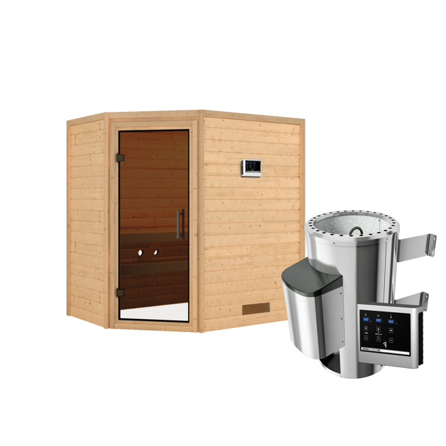 Bild von Massivholzsauna 'Cilja' natur 3,6 kW Ofen, Steuerung Easy, Glastür 196 x 146 x 198 cm