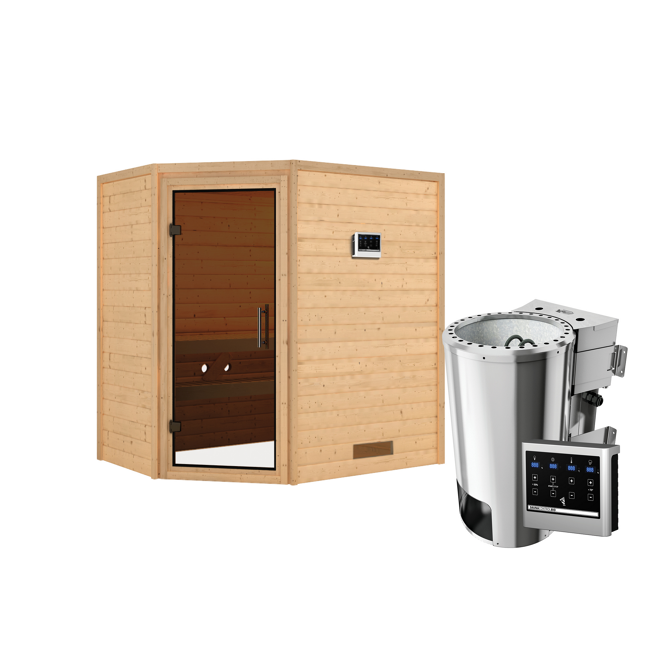 Bild von Massivholzsauna 'Cilja' natur 3,6 kW Bio-Ofen, Steuerung Easy, Glastür 196 x 146 x 198 cm