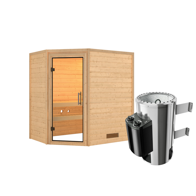 Bild von Massivholzsauna 'Cilja' natur 3,6 kW Ofen, klare Glastür 196 x 146 x 198 cm