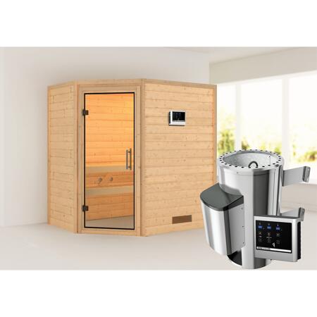 3. Bild von Massivholzsauna 'Cilja' natur 3,6 kW Ofen, Steuerung Easy, klare Glastür 196 x 146 x 198 cm