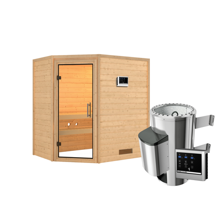 Bild von Massivholzsauna 'Cilja' natur 3,6 kW Ofen, Steuerung Easy, klare Glastür 196 x 146 x 198 cm