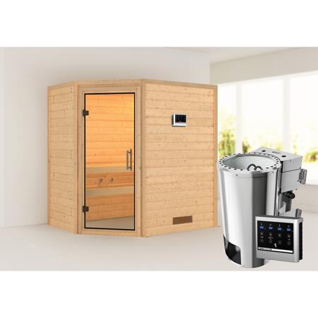3. Bild von Massivholzsauna 'Cilja' natur 3,6 kW Bio-Ofen, Steuerung Easy, klare Glastür 196 x 146 x 198 cm