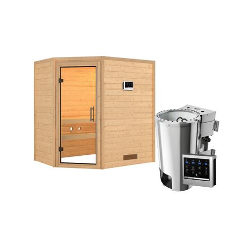 2. Bild von Massivholzsauna 'Cilja' natur 3,6 kW Bio-Ofen, Steuerung Easy, klare Glastür 196 x 146 x 198 cm