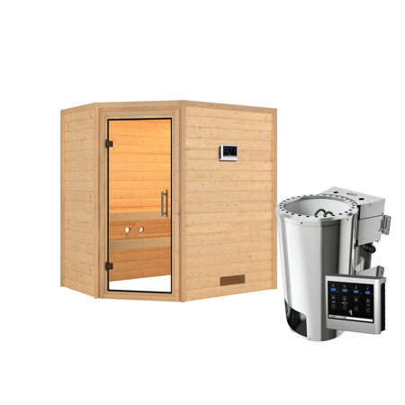 Bild von Massivholzsauna 'Cilja' natur 3,6 kW Bio-Ofen, Steuerung Easy, klare Glastür 196 x 146 x 198 cm