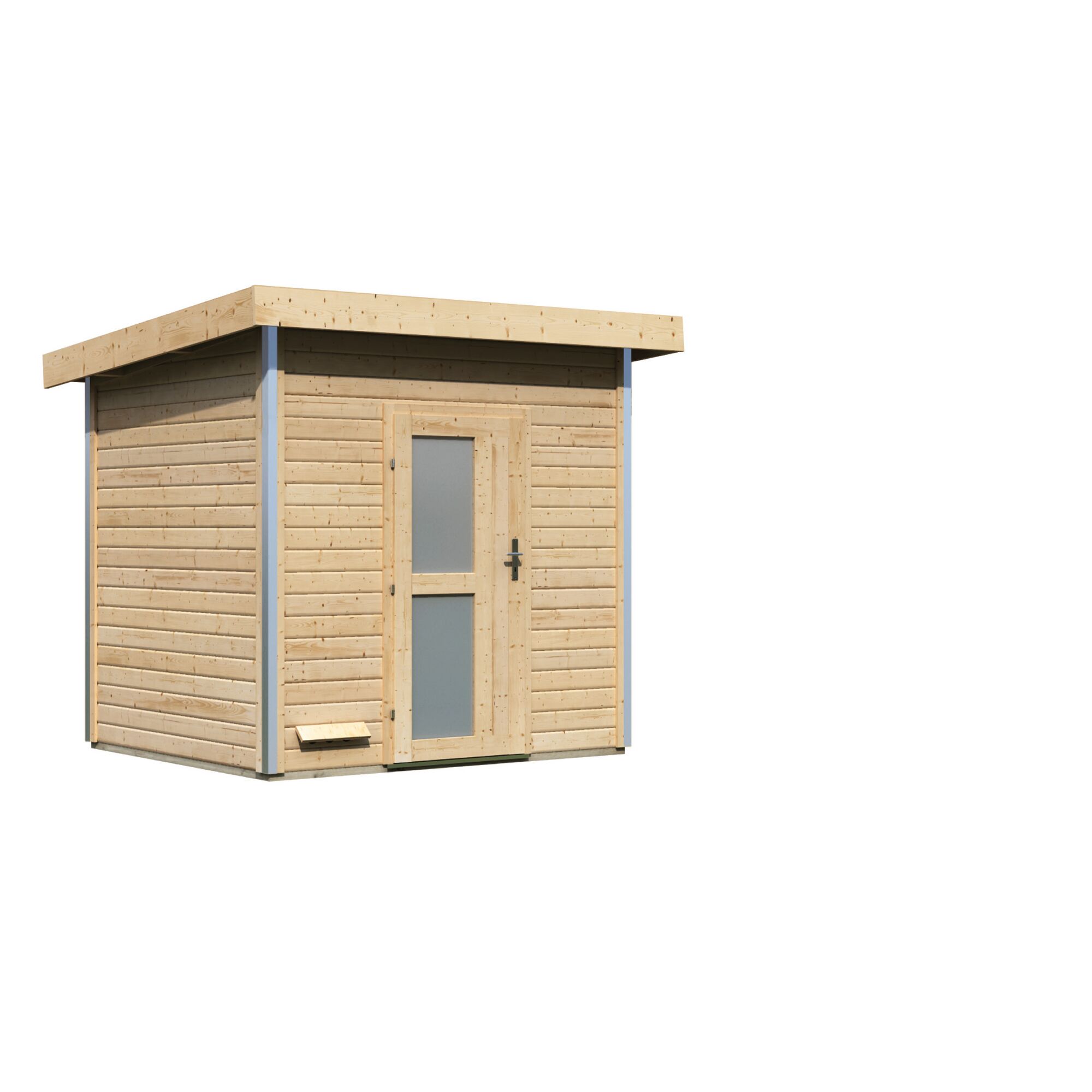 Kleines Saunahaus aus hellem Holz mit Flachdach.