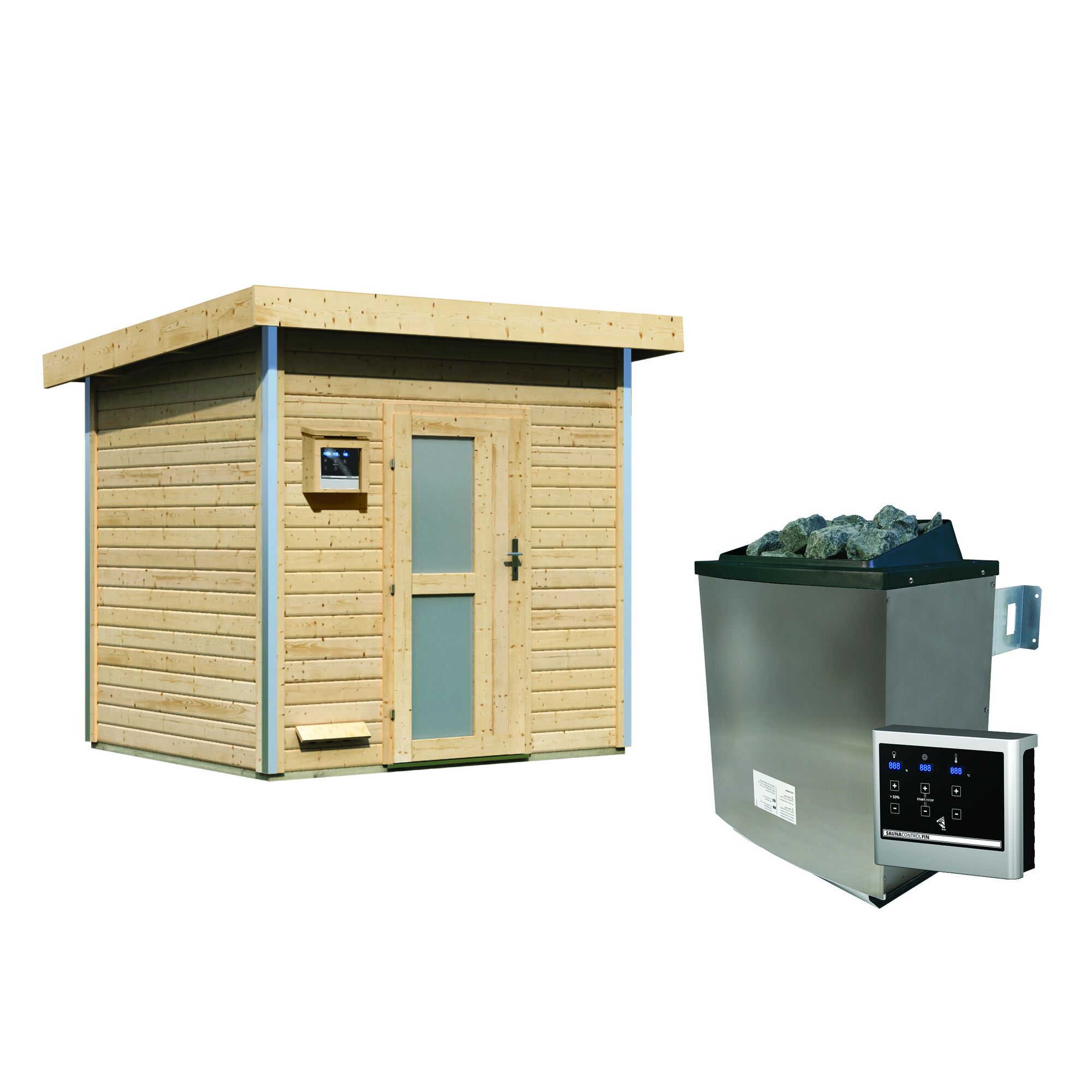 Saunahaus aus Holz mit Saunaofen und Steuergerät