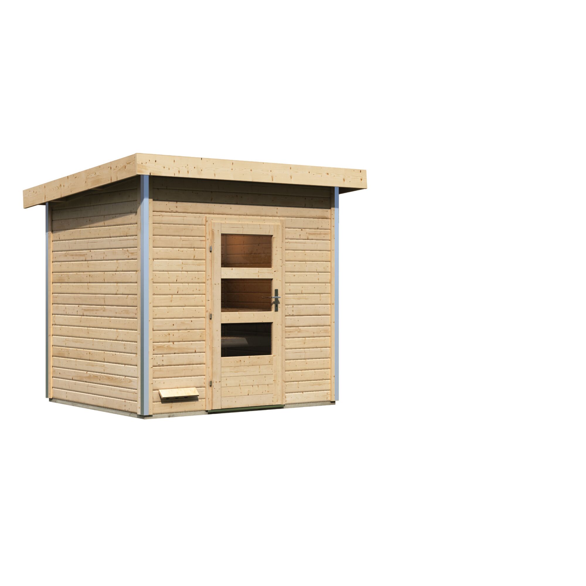 Kleines Saunahaus aus Holz mit einer Glastür.