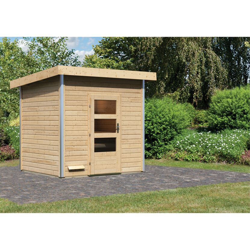 Kleines Saunahaus aus hellem Holz mit Flachdach