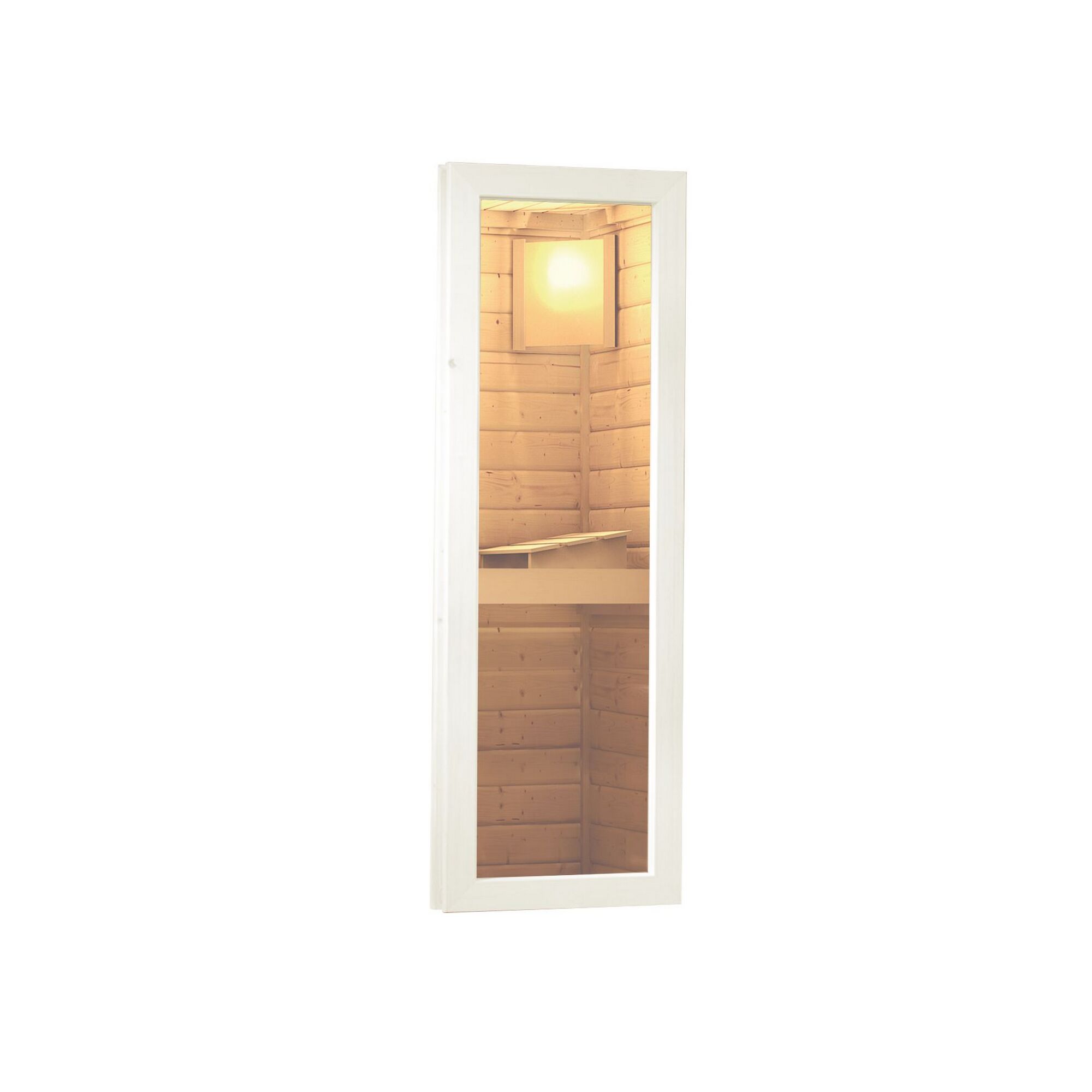 Blick in eine Sauna durch ein Fenster