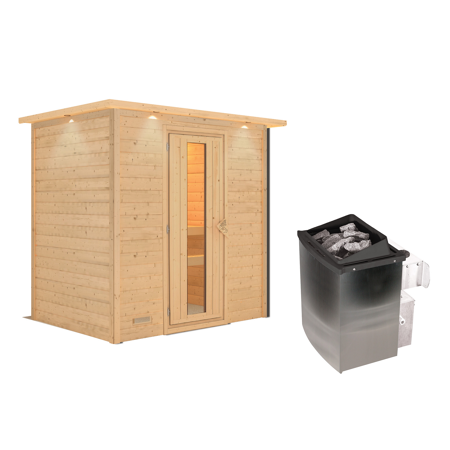 Bild von Massivholzsauna 'Sonja' natur 4,5 kW Ofen mit integrierter Steuerung, Energiespartür, Kranz 224 x 160 x 202 cm