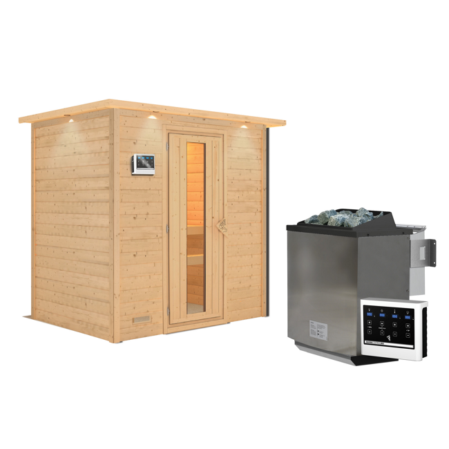 Bild von Massivholzsauna 'Sonja' natur 4,5 kW Bio-Ofen, Steuerung Easy, Energiespartür, Kranz 224 x 160 x 202 cm