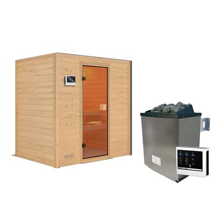 Bild von Massivholzsauna 'Sonja' natur 4,5 kW Ofen, Steuerung Easy, bronzierte Glastür 196 x 146 x 198 cm