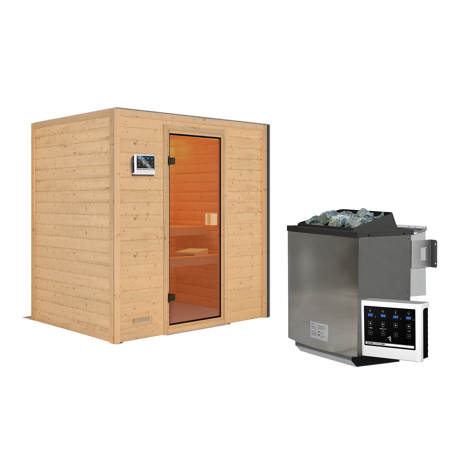 Bild von Massivholzsauna 'Sonja' natur 4,5 kW Bio-Ofen, Steuerung Easy, bronzierte Glastür 196 x 146 x 198 cm
