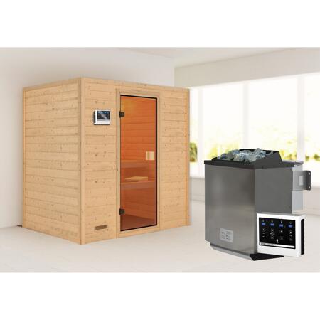 3. Bild von Massivholzsauna 'Sonja' natur 4,5 kW Bio-Ofen, Steuerung Easy, bronzierte Glastür 196 x 146 x 198 cm
