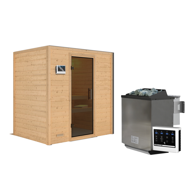 Bild von Massivholzsauna 'Sonja' natur 4,5 kW Bio-Ofen, Steuerung Easy, graphitfarbener Glastür 196 x 146 x 18 cm