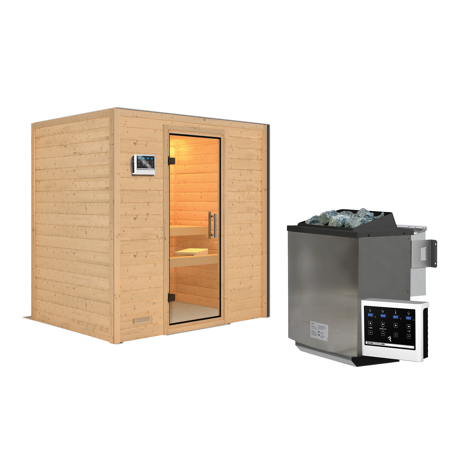 Bild von Massivholzsauna 'Sonja' natur 4,5 kW Bio-Ofen, Steuerung Easy, Klarglastür 196 x 146 x 198 cm