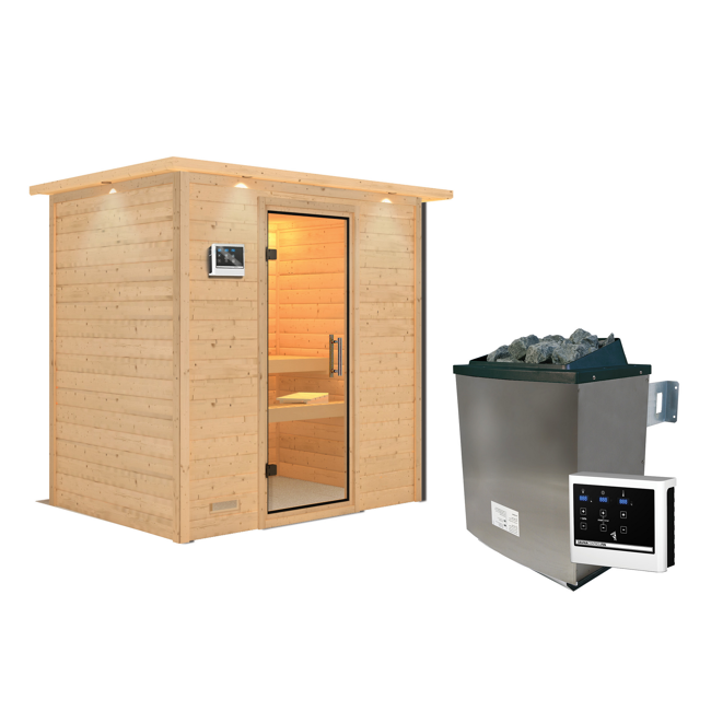Bild von Massivholzsauna 'Sonja' natur 4,5 kW Ofen, Steuerung Easy, Klarglastür, Kranz 224 x 160 x 202 cm