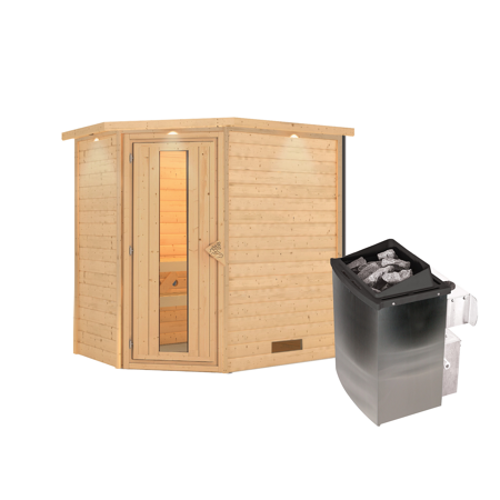 Bild von Massivholzsauna 'Svea' natur 4,5 kW Ofen mit integrierter Steuerung, Energiespartür, Kranz 224 x 160 x 202 cm