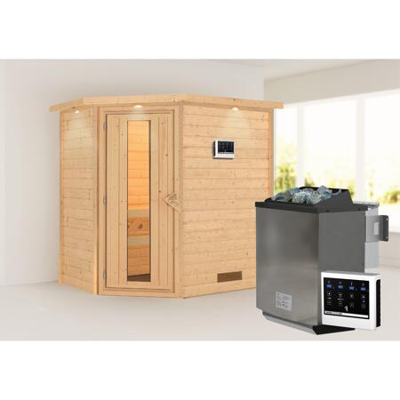 2. Bild von Massivholzsauna 'Svea' natur 4,5 kW Bio-Ofen, Steuerung Easy, Energiespartür, Kranz 224 x 160 x 202 cm