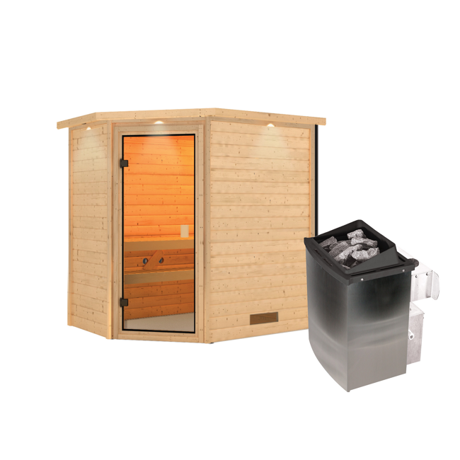 Bild von Massivholzsauna 'Svea' natur 4,5 kW Ofen mit integrierter Steuerung, bronzierte Glastür, Kranz 224 x 160 x 202 cm