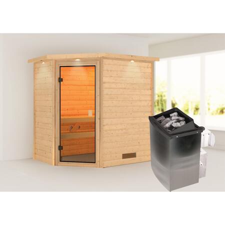 3. Bild von Massivholzsauna 'Svea' natur 4,5 kW Ofen mit integrierter Steuerung, bronzierte Glastür, Kranz 224 x 160 x 202 cm
