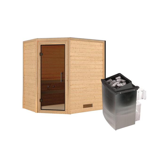 Bild von Massivholzsauna 'Svea' natur 4,5 kW Ofen mit integrierter Steuerung, graphitfarbene Glastür 196 x 146 x 198 cm