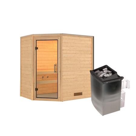 Bild von Massivholzsauna 'Svea' natur 4,5 kW Ofen mit integrierter Steuerung, Klarglastür 196 x 146 x 198 cm