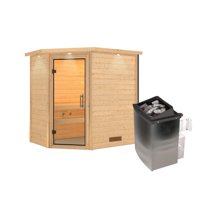 Bild von Massivholzsauna 'Svea' natur 4,5 kW Ofen mit integrierter Steuerung, Klarglastür, Kranz 224 x 160 x 202 cm