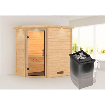 3. Bild von Massivholzsauna 'Svea' natur 4,5 kW Ofen mit integrierter Steuerung, Klarglastür, Kranz 224 x 160 x 202 cm