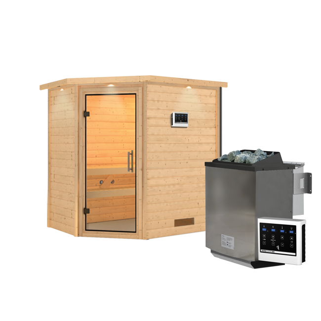 Bild von Massivholzsauna 'Svea' natur 4,5 kW Bio-Ofen, Steuerung Easy, Klarglastür, Kranz 224 x 160 x 202 cm