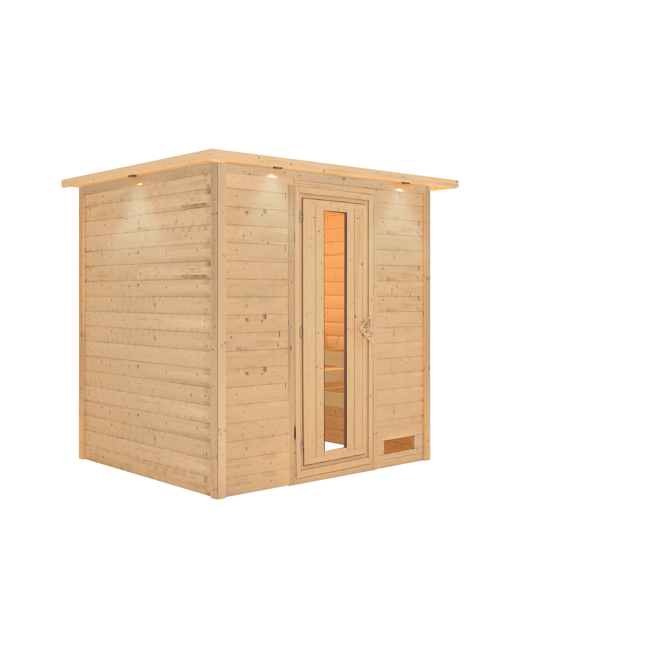 Bild von Massivholzsauna 'Anja' natur Energiespartür und Kranz 224 x 184 x 202 cm