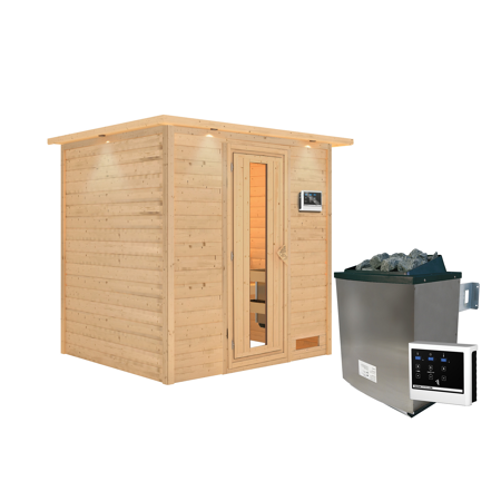 Bild von Massivholzsauna 'Anja' natur 4,5 kW Ofen, Steuerung Easy, Energiespartür 224 x 184 x 202 cm