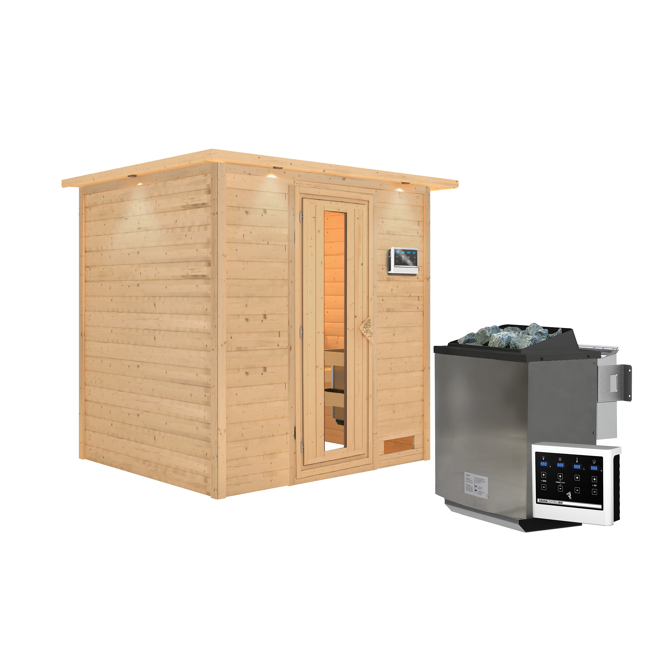 Bild von Massivholzsauna 'Anja' natur 4,5 kW Bio-Ofen, Steuerung Easy, Energiespartür, Kranz 224 x 184 x 202 cm
