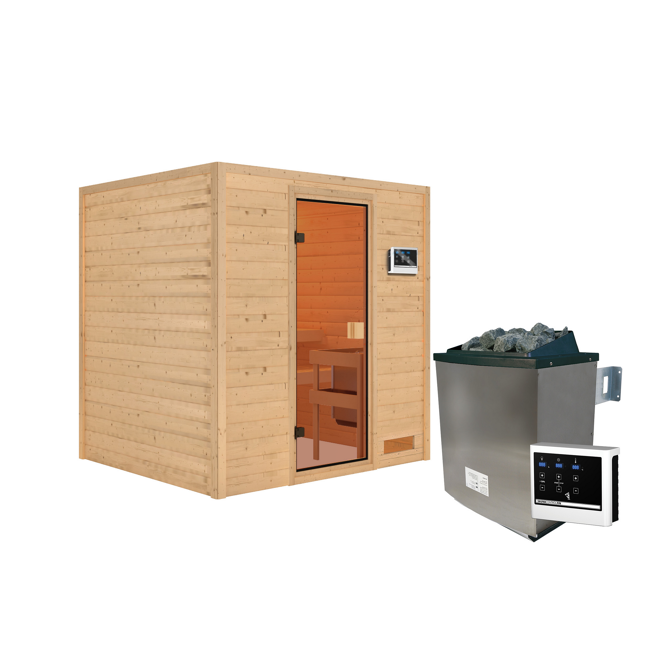 Bild von Massivholzsauna 'Anja' natur 4,5 kW Ofen, Steuerung Easy, bronzierte Glastür 196 x 170 x 198 cm