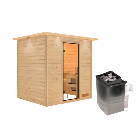 Bild von Massivholzsauna 'Anja' natur 4,5 kW Ofen, Steuerung, klare Glastür, Kranz 224 x 184 x 202 cm