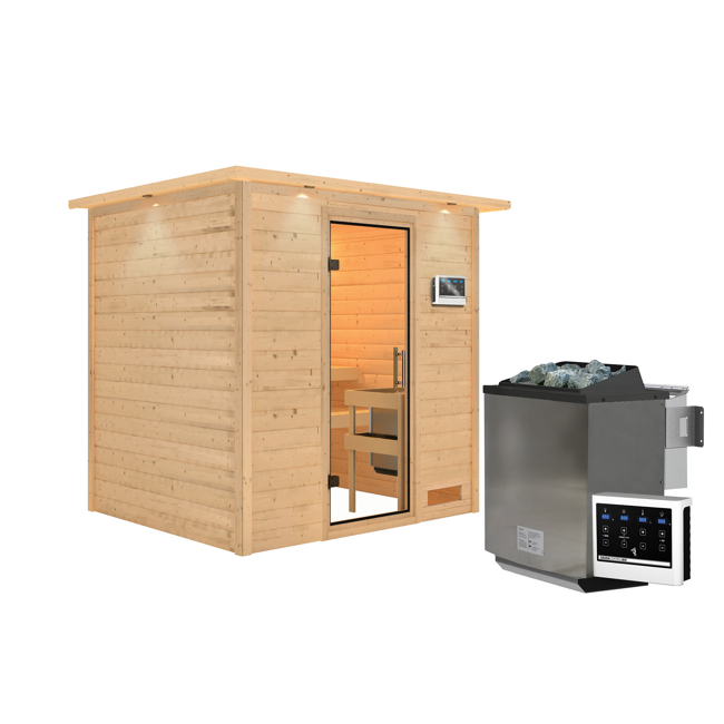 Bild von Massivholzsauna 'Anja' natur 4,5 kW Bio-Ofen, Steuerung Easy, klare Glastür, Kranz 224 x 184 x 202 cm