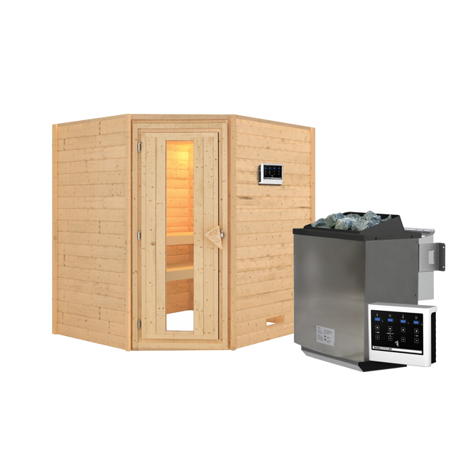 Bild von Massivholzsauna 'Mia' natur 4,5 kW Bio-Ofen, Steuerung Easy, Energiespartür 196 x 170 x 198 cm