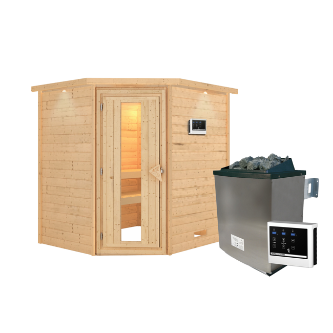 Bild von Massivholzsauna 'Mia' natur 4,5 kW Ofen, Steuerung Easy, Kranz, Energiespartür 224 x 184 x 202 cm