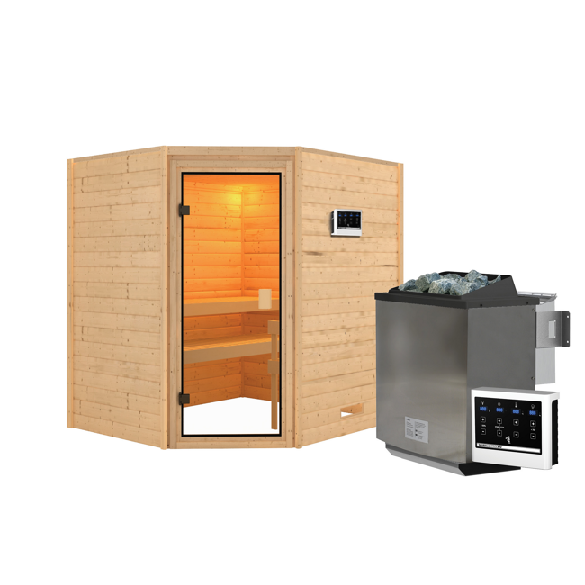 Bild von Massivholzsauna 'Mia' natur 4,5 kW Bio-Ofen, Steuerung Easy, bronzierte Glastür 196 x 170 x 198 cm