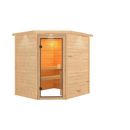 2. Bild von Massivholzsauna 'Mia' natur mit Kranz und bronzierter Glastür 224 x 184 x 202 cm