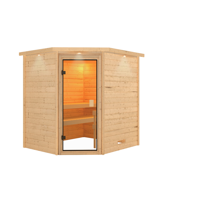Bild von Massivholzsauna 'Mia' natur mit Kranz und bronzierter Glastür 224 x 184 x 202 cm