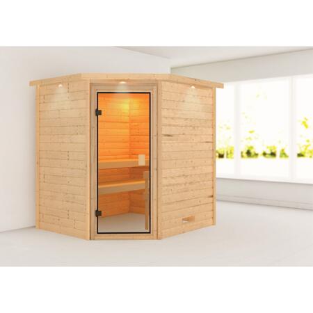 3. Bild von Massivholzsauna 'Mia' natur mit Kranz und bronzierter Glastür 224 x 184 x 202 cm