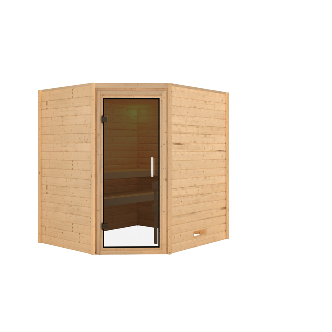 Bild von Massivholzsauna 'Mia' natur mit graphitfarbener Glastür 196 x 170 x 198 cm