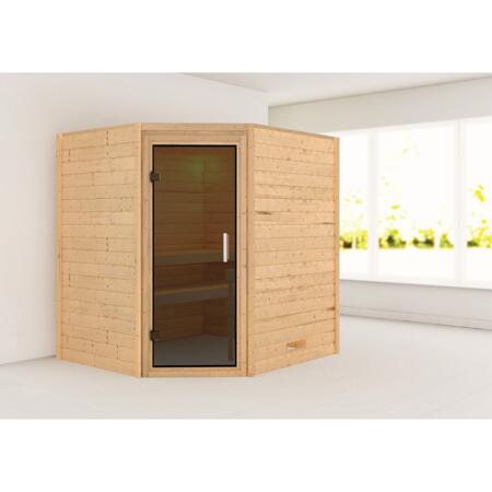 3. Bild von Massivholzsauna 'Mia' natur mit graphitfarbener Glastür 196 x 170 x 198 cm