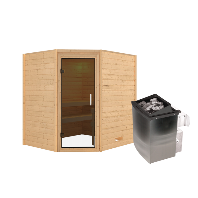 Bild von Massivholzsauna 'Mia' natur 4,5 kW Ofen mit integrierter Steuerung, graphitfarbene Glastür 196 x 170 x 198 cm